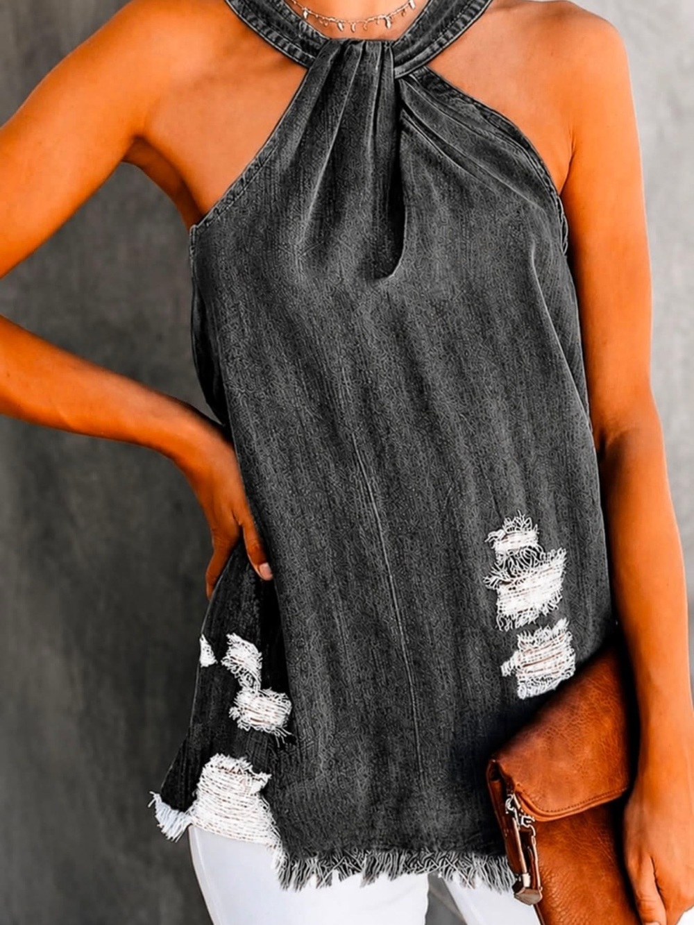 Washed Black Halter Tank Top with Distressed Hem